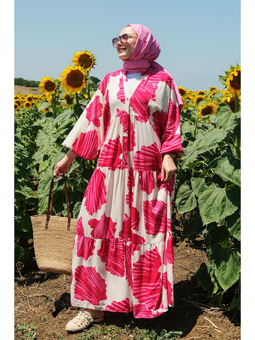 Karışık Desen Elbise Fuşya-2