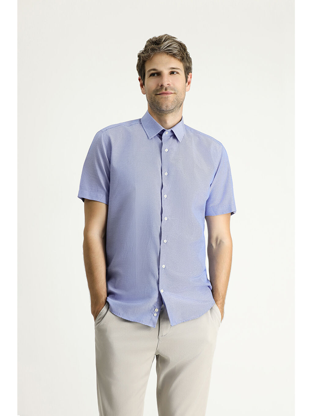 Mavi Kısa Kol Slim Fit Dar Kesim Desenli Pamuklu Kolay Ütülenebilir Büyük Beden Gömlek-2