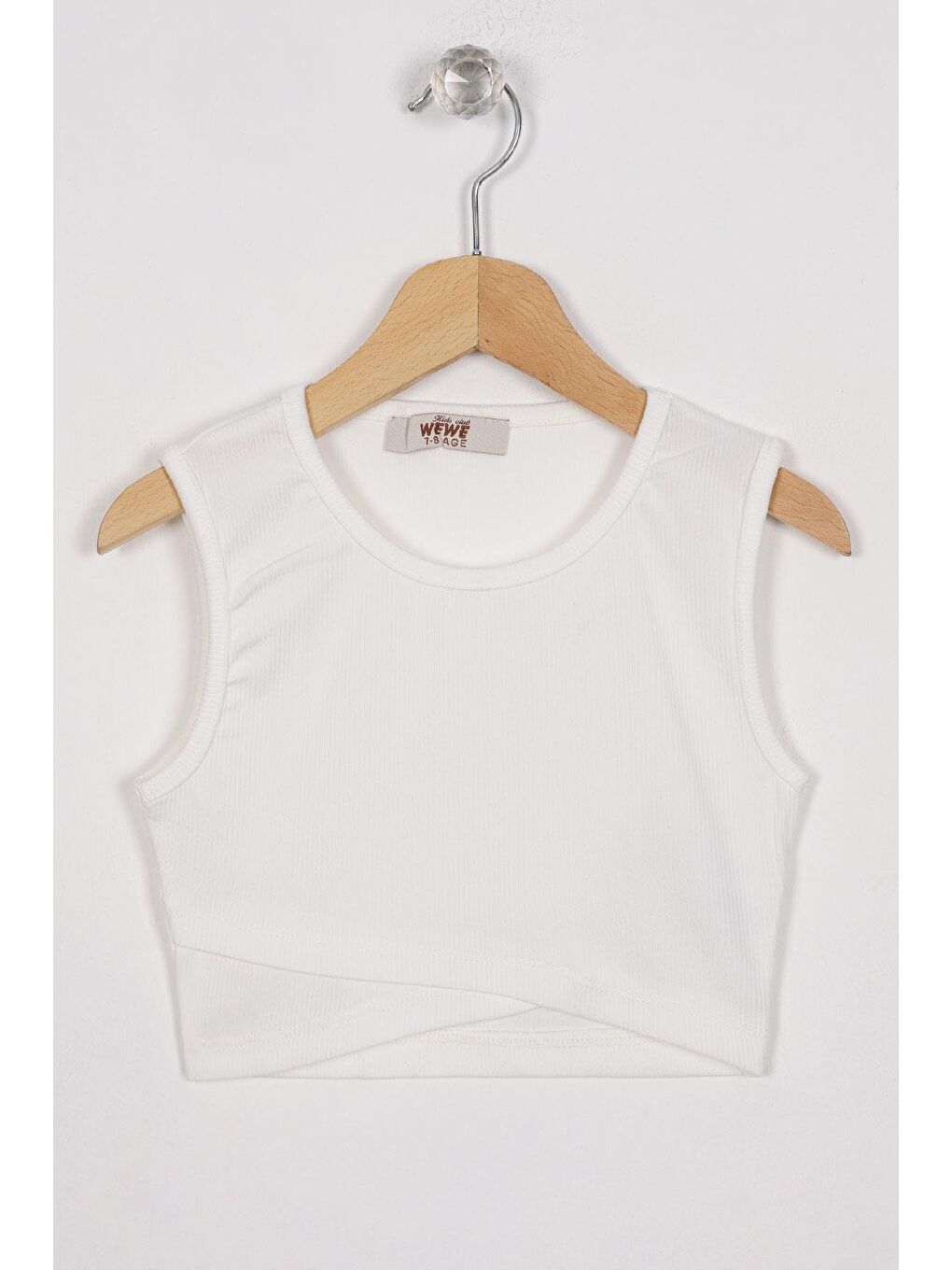 Ekru Bisiklet Yaka Çapraz Bel Detaylı Kız Çocuk Tişört