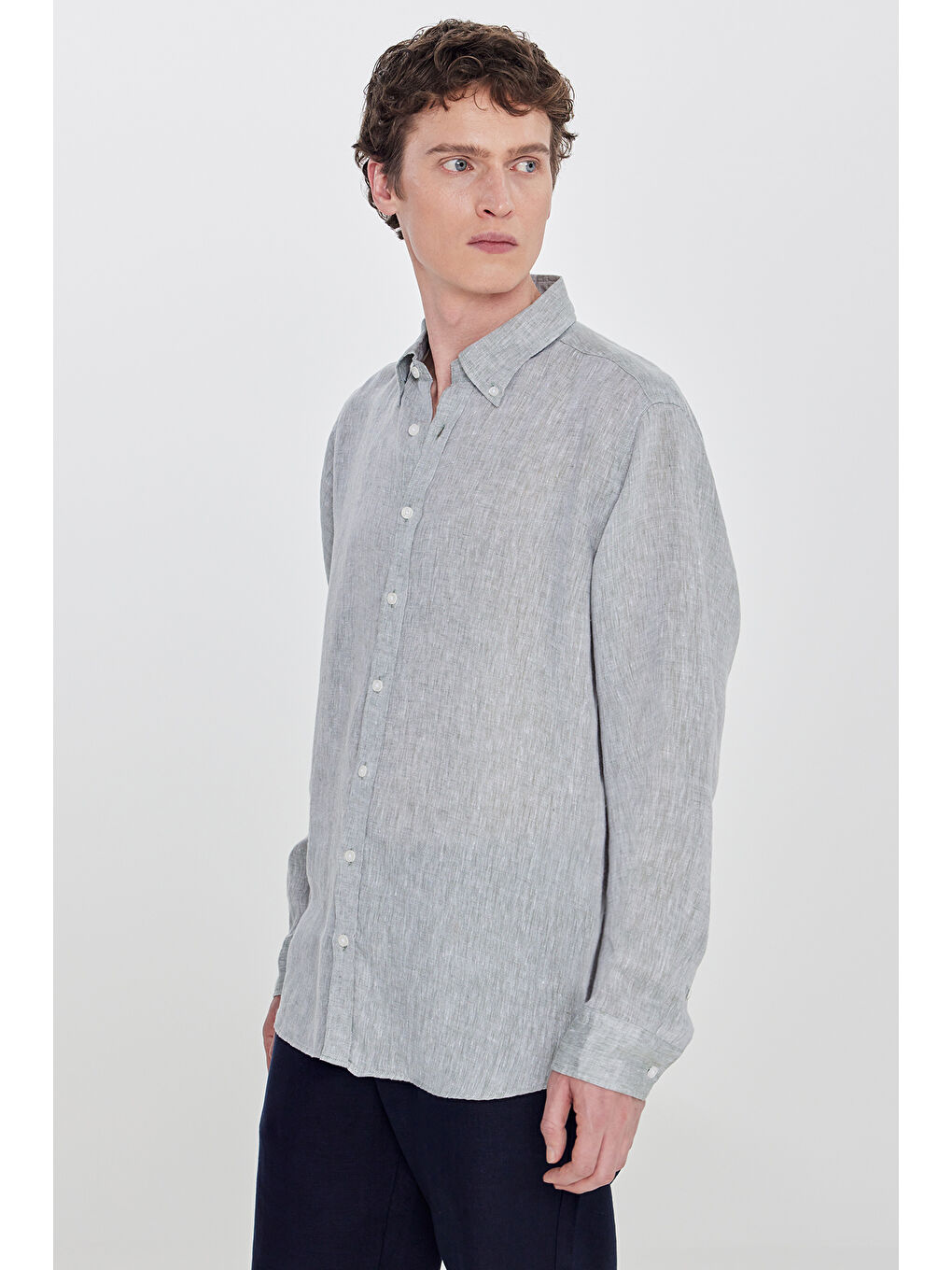 Erkek Yeşil %100 Keten Comfort Fit Rahat Kesim Düğmeli Yaka Gömlek-2