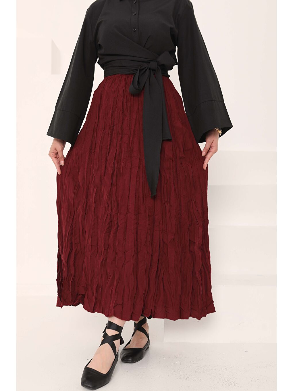 Beli Lastikli Kırışık Etek Bordo - 27013-1