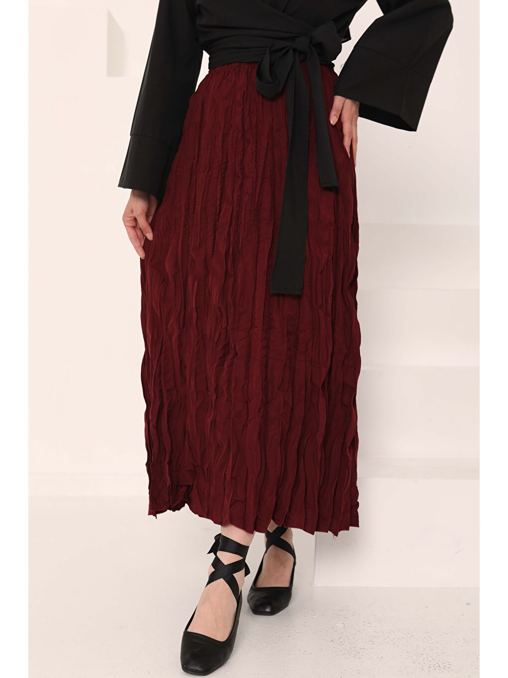 Beli Lastikli Kırışık Etek Bordo - 27013-2