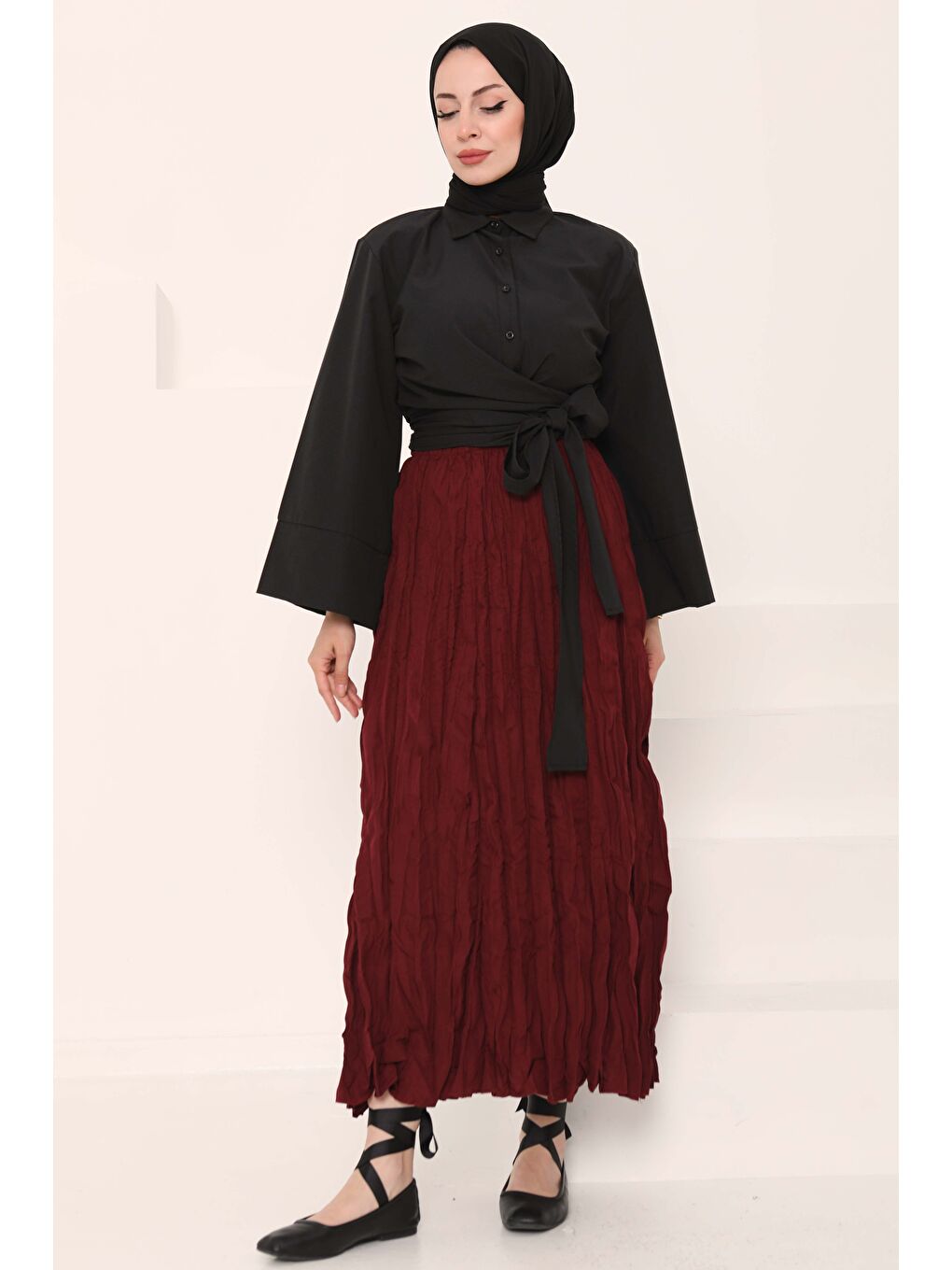 Beli Lastikli Kırışık Etek Bordo - 27013-3