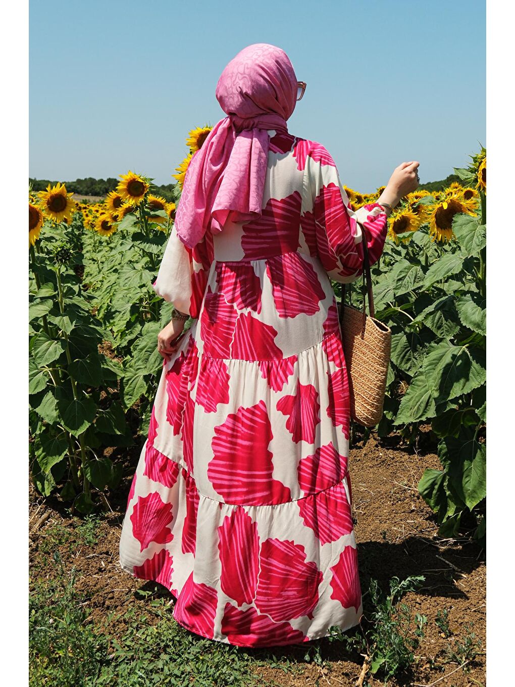 Karışık Desen Elbise Fuşya-3