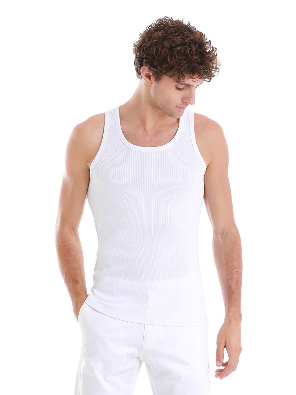 Beyaz Regular Fit Düz Pamuklu Örme Kolsuz Tişört-2