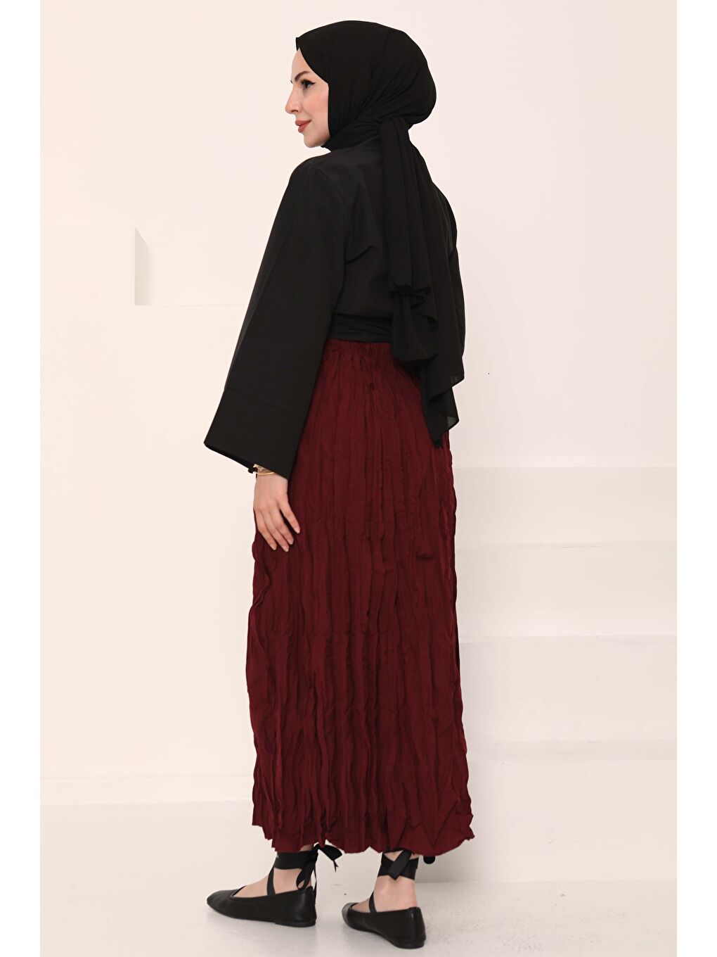 Beli Lastikli Kırışık Etek Bordo - 27013-4