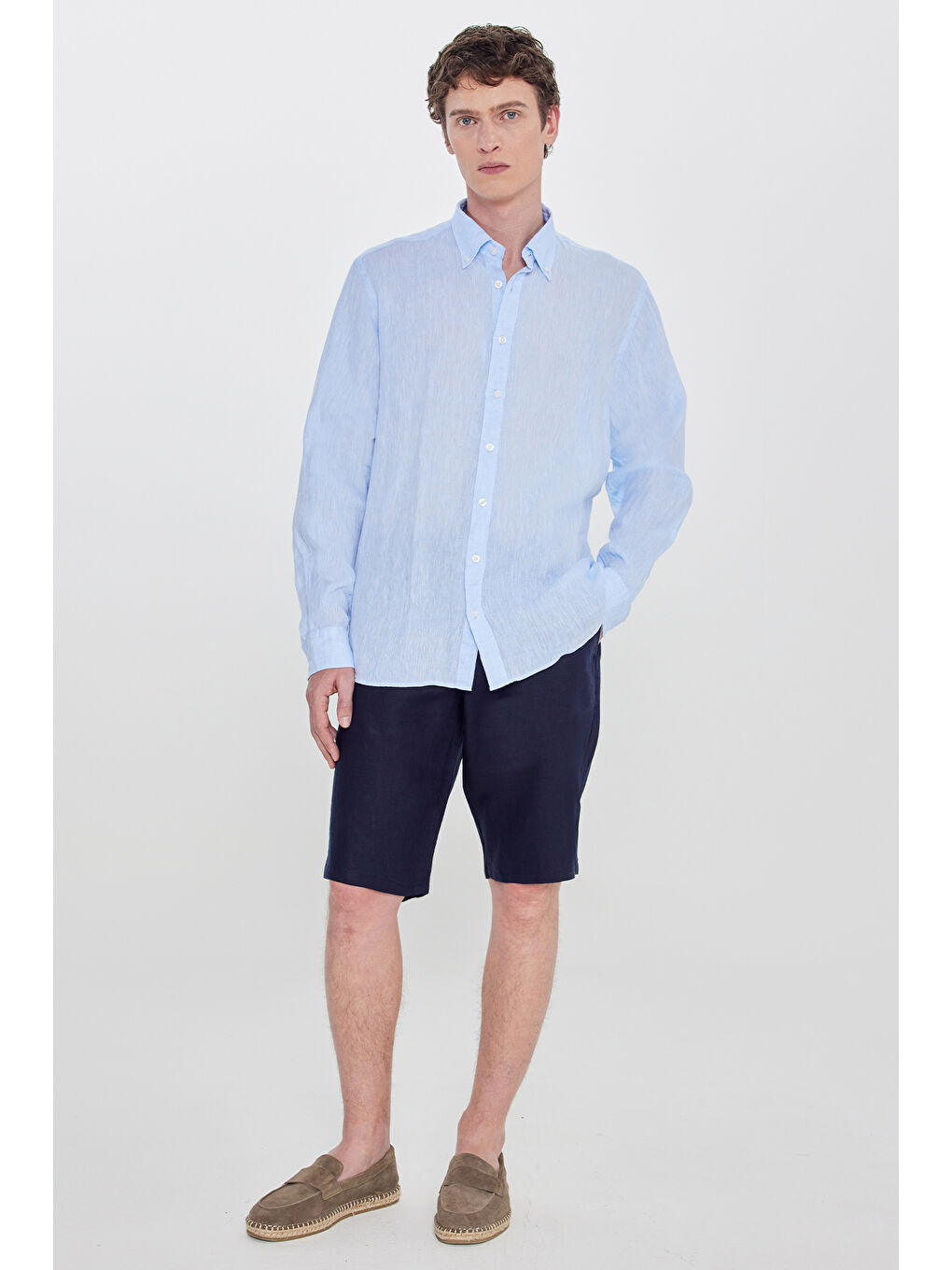 Erkek Mavi %100 Keten Comfort Fit Rahat Kesim Düğmeli Yaka Gömlek-1