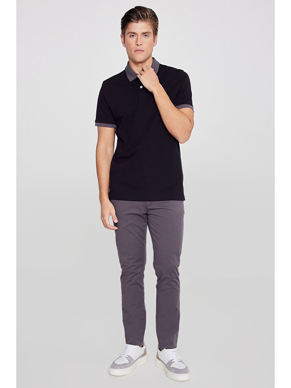 Erkek Siyah-Antrasit %100 Pamuk Slim Fit Dar Kesim Polo Yaka Tişört-1