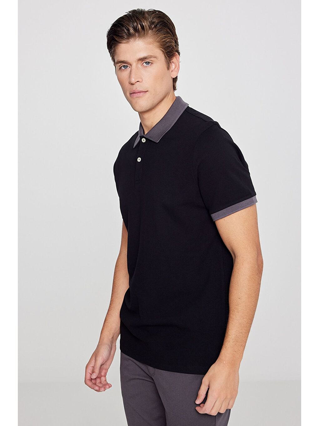 Erkek Siyah-Antrasit %100 Pamuk Slim Fit Dar Kesim Polo Yaka Tişört-2