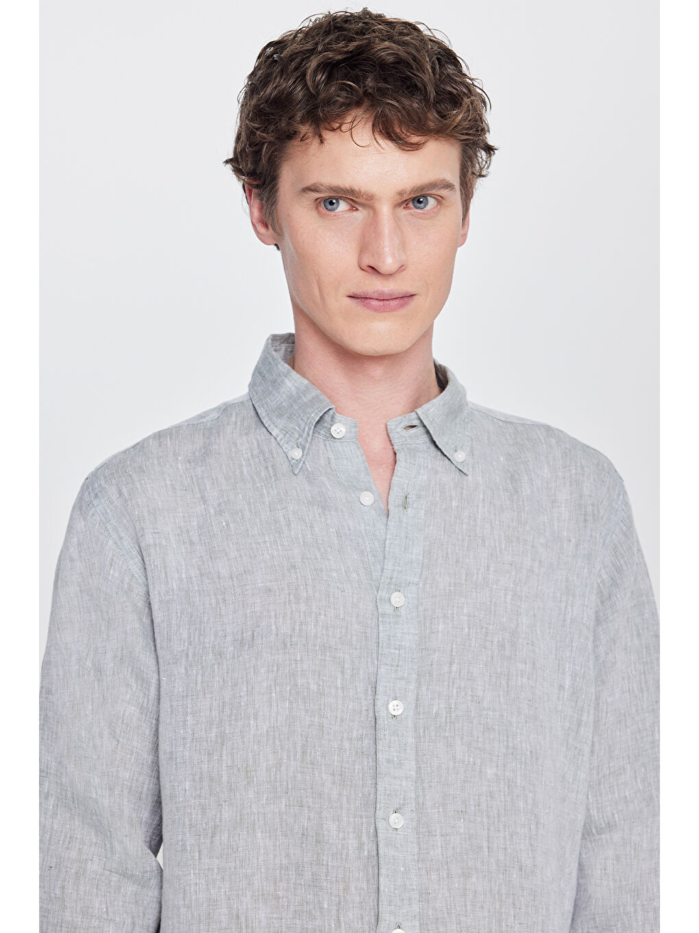 Erkek Yeşil %100 Keten Comfort Fit Rahat Kesim Düğmeli Yaka Gömlek-3