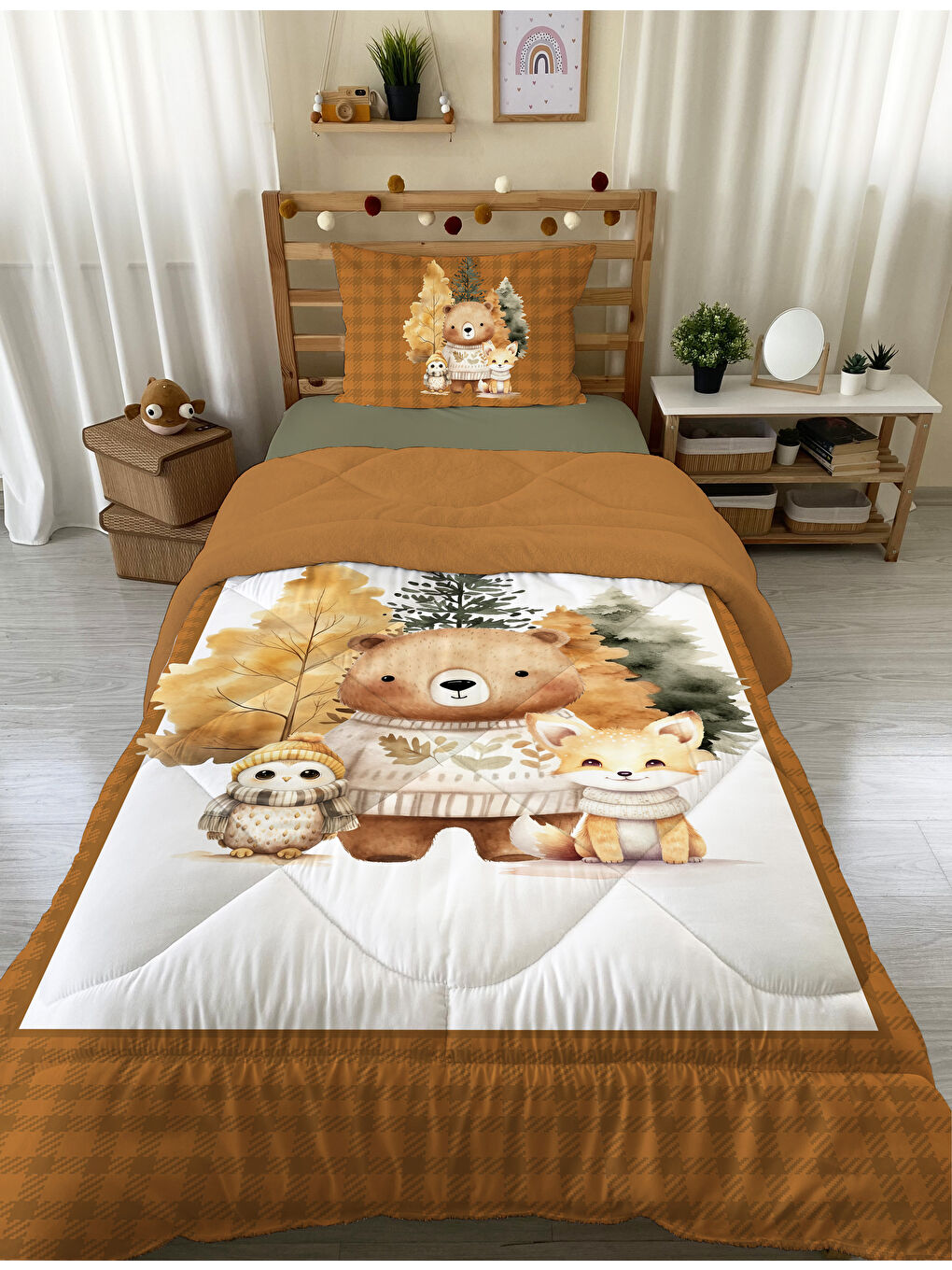 Karışık Sevimli Hayvanlar Desenli Tek Kişilik Pelüş Yorgan Uyku Seti  160x220 cm