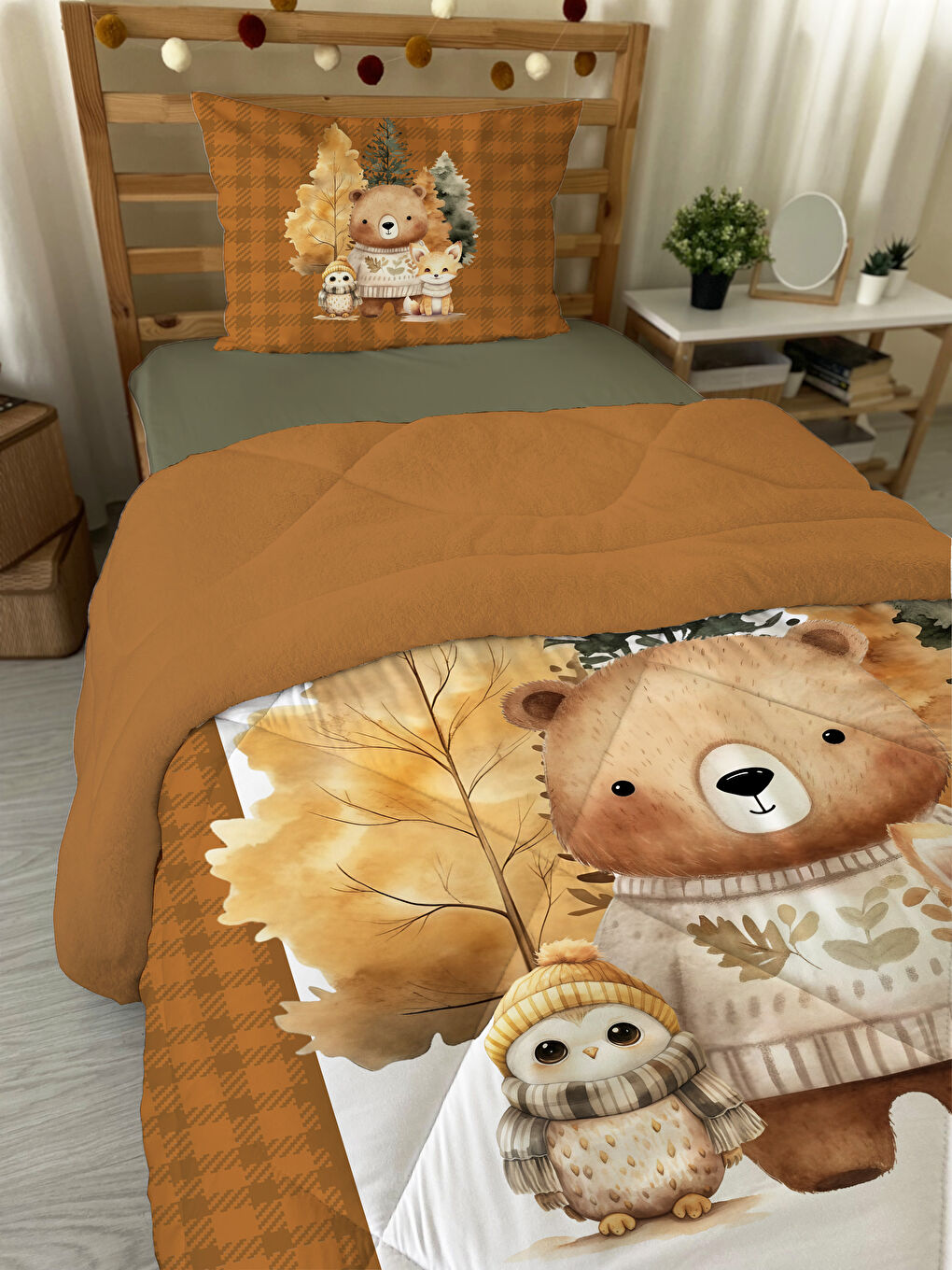 Karışık Sevimli Hayvanlar Desenli Tek Kişilik Pelüş Yorgan Uyku Seti  160x220 cm-1