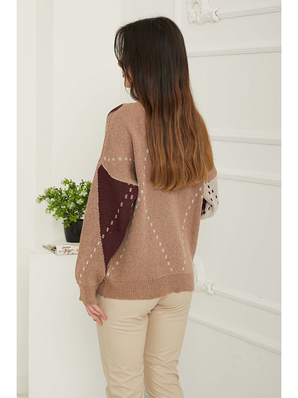 Kahverengi Kadın Bisiklet Yaka Baklava Desen Triko Kazak Sütlü Kahve - 26599-5