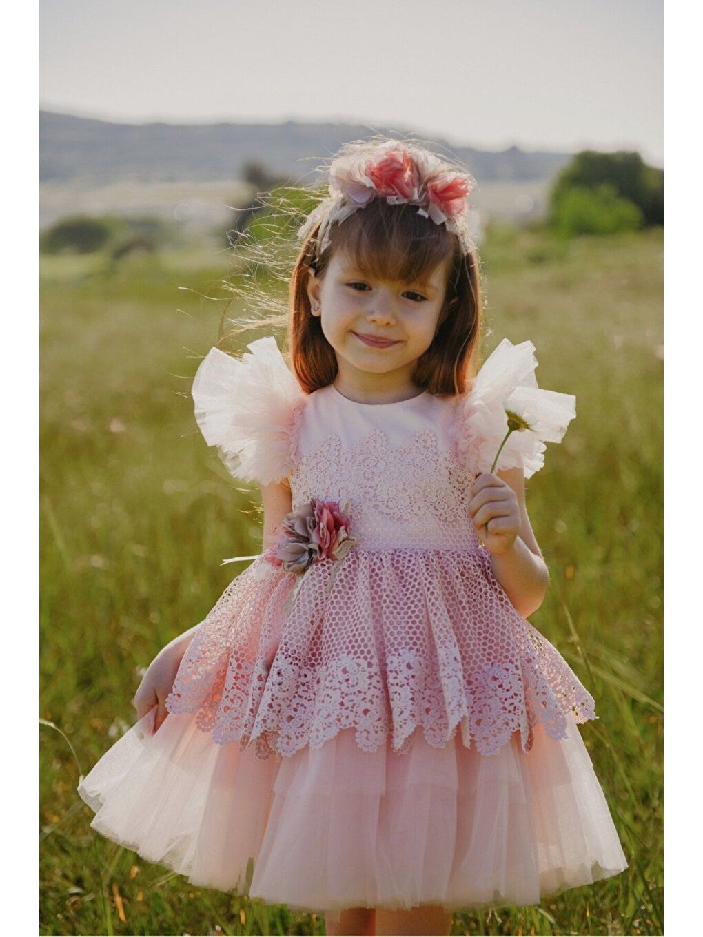 Pembe Dantel ve Tül Detaylı Prenses Kız Çocuk Elbisesi_M2402