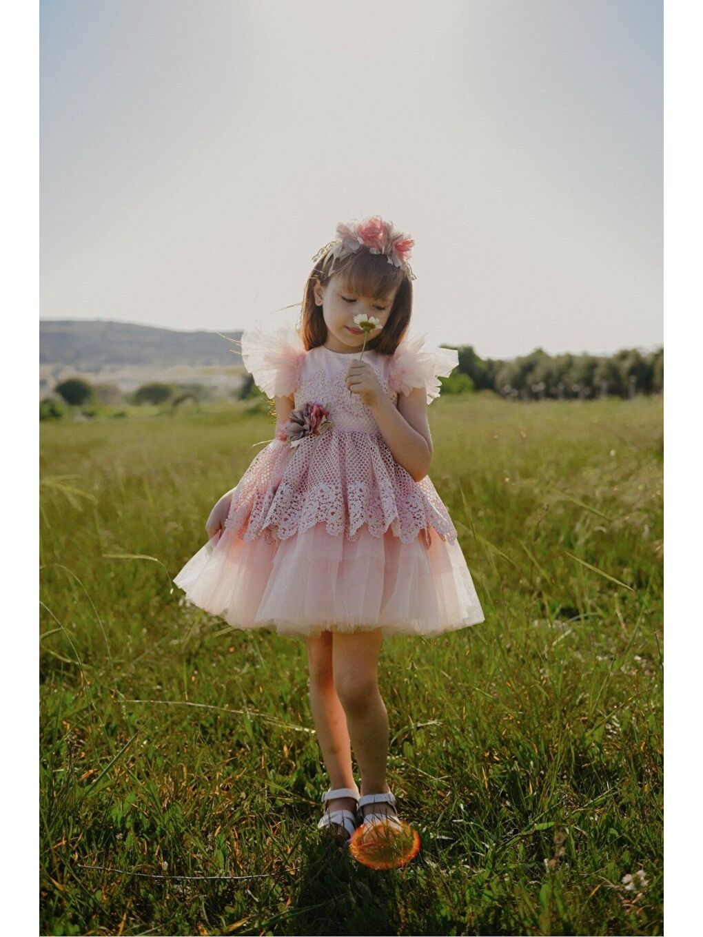 Pembe Dantel ve Tül Detaylı Prenses Kız Çocuk Elbisesi_M2402-1