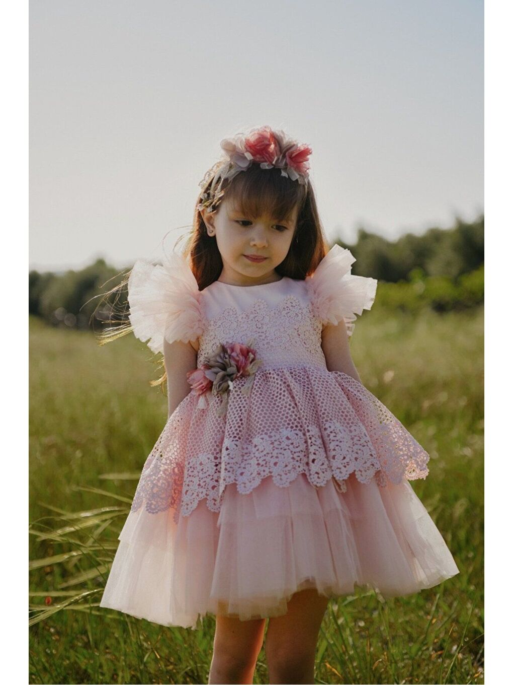 Pembe Dantel ve Tül Detaylı Prenses Kız Çocuk Elbisesi_M2402-2