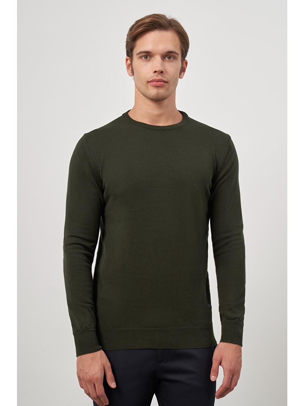 Koyu Haki Uzun Kol Düz Örme Bisiklet Yaka Classic Comfort Fit Triko 1012245006