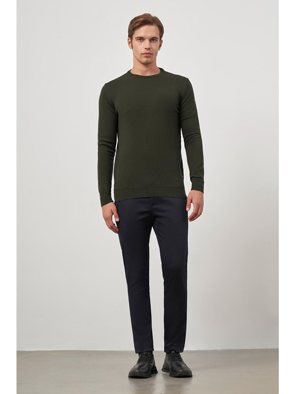 Koyu Haki Uzun Kol Düz Örme Bisiklet Yaka Classic Comfort Fit Triko 1012245006-1