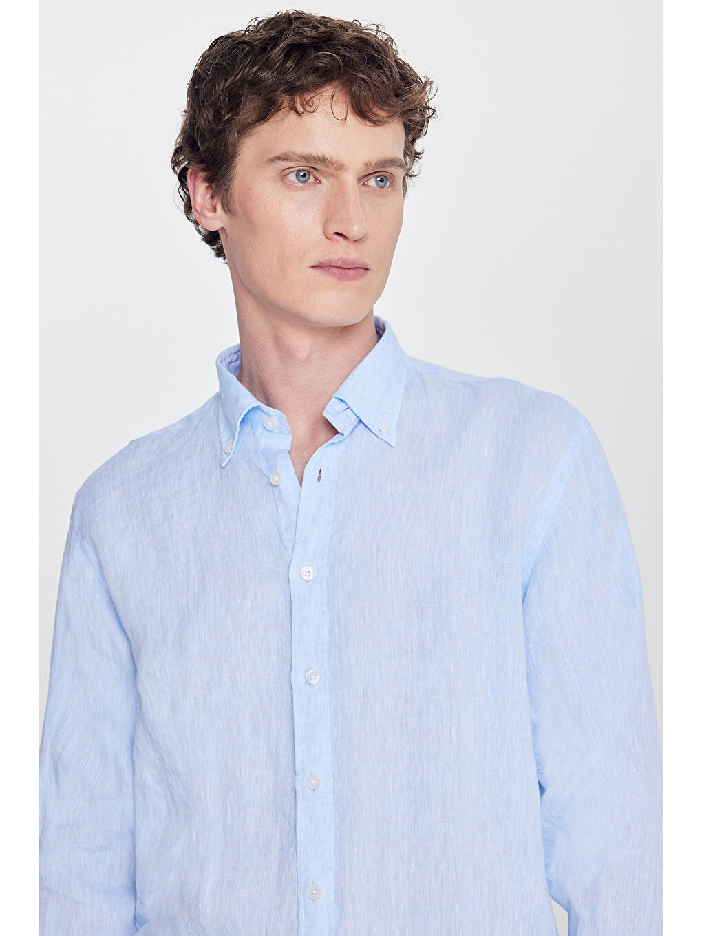 Erkek Mavi %100 Keten Comfort Fit Rahat Kesim Düğmeli Yaka Gömlek-3