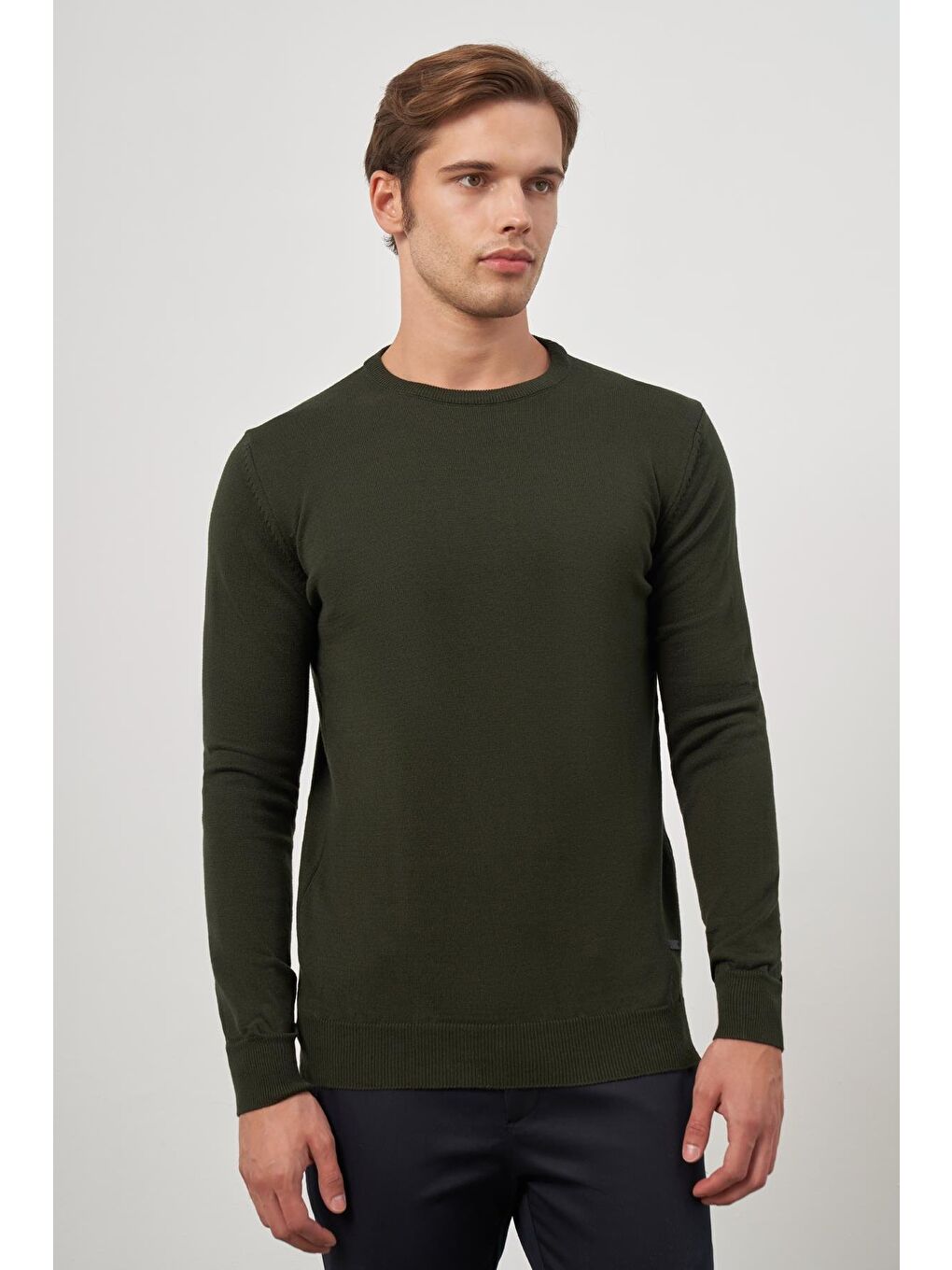 Koyu Haki Uzun Kol Düz Örme Bisiklet Yaka Classic Comfort Fit Triko 1012245006-3