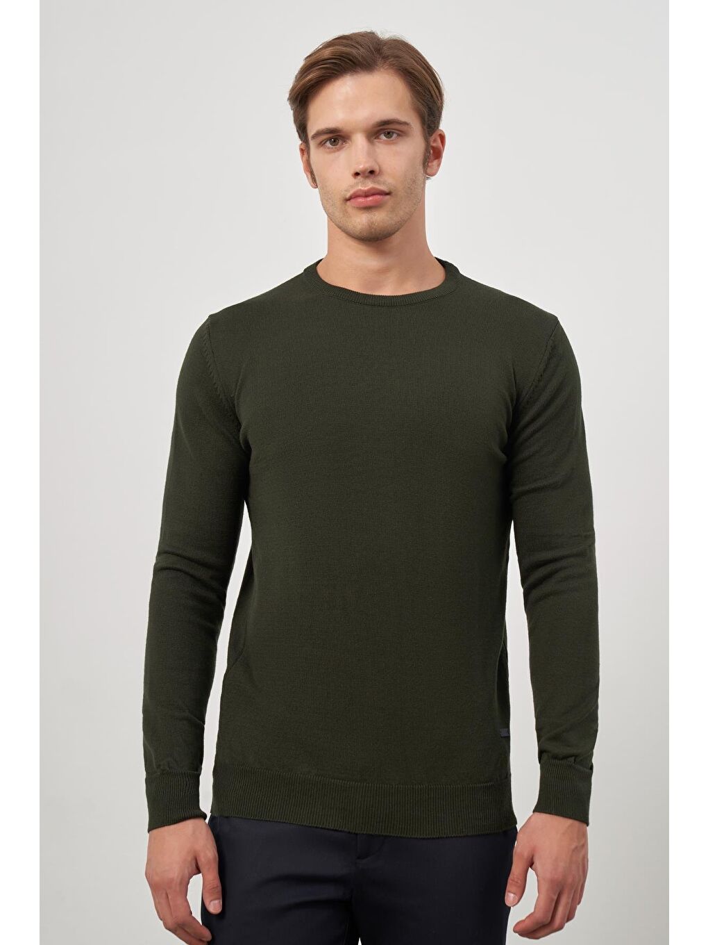 Koyu Haki Uzun Kol Düz Örme Bisiklet Yaka Classic Comfort Fit Triko 1012245006-4