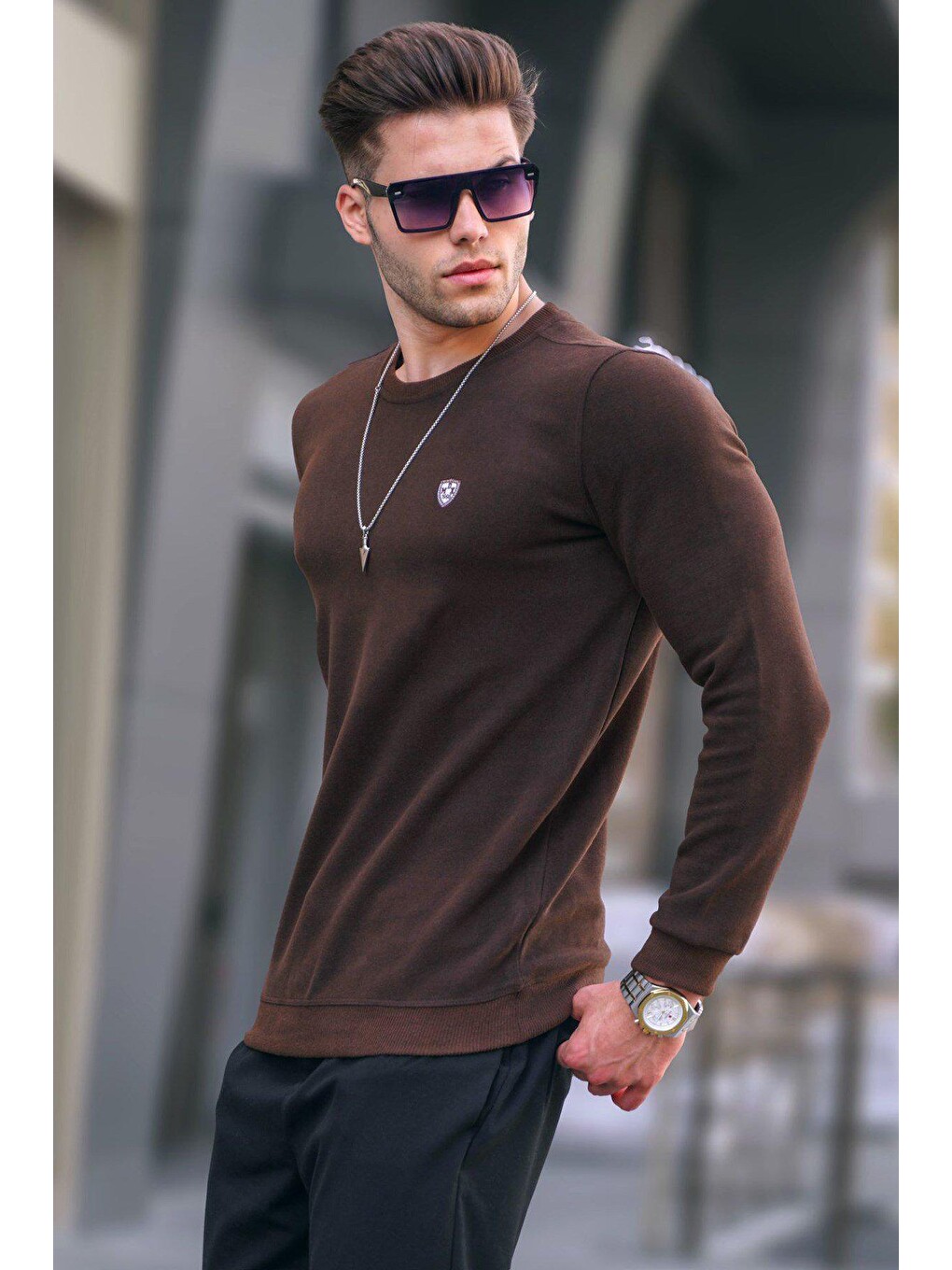 Koyu Kahverengi Bisiklet Yaka Regular Fit Basic Sweatshirt 5799