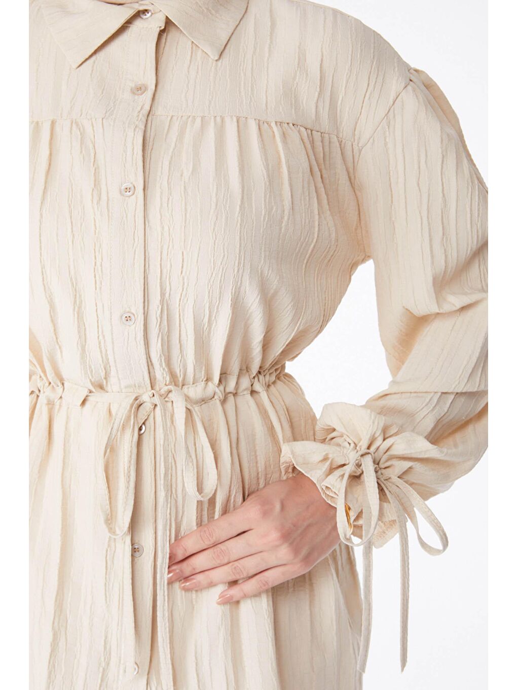 Gömlek Yaka Kadın Bej Beli Bağcıklı İkili Takım - 25125-5