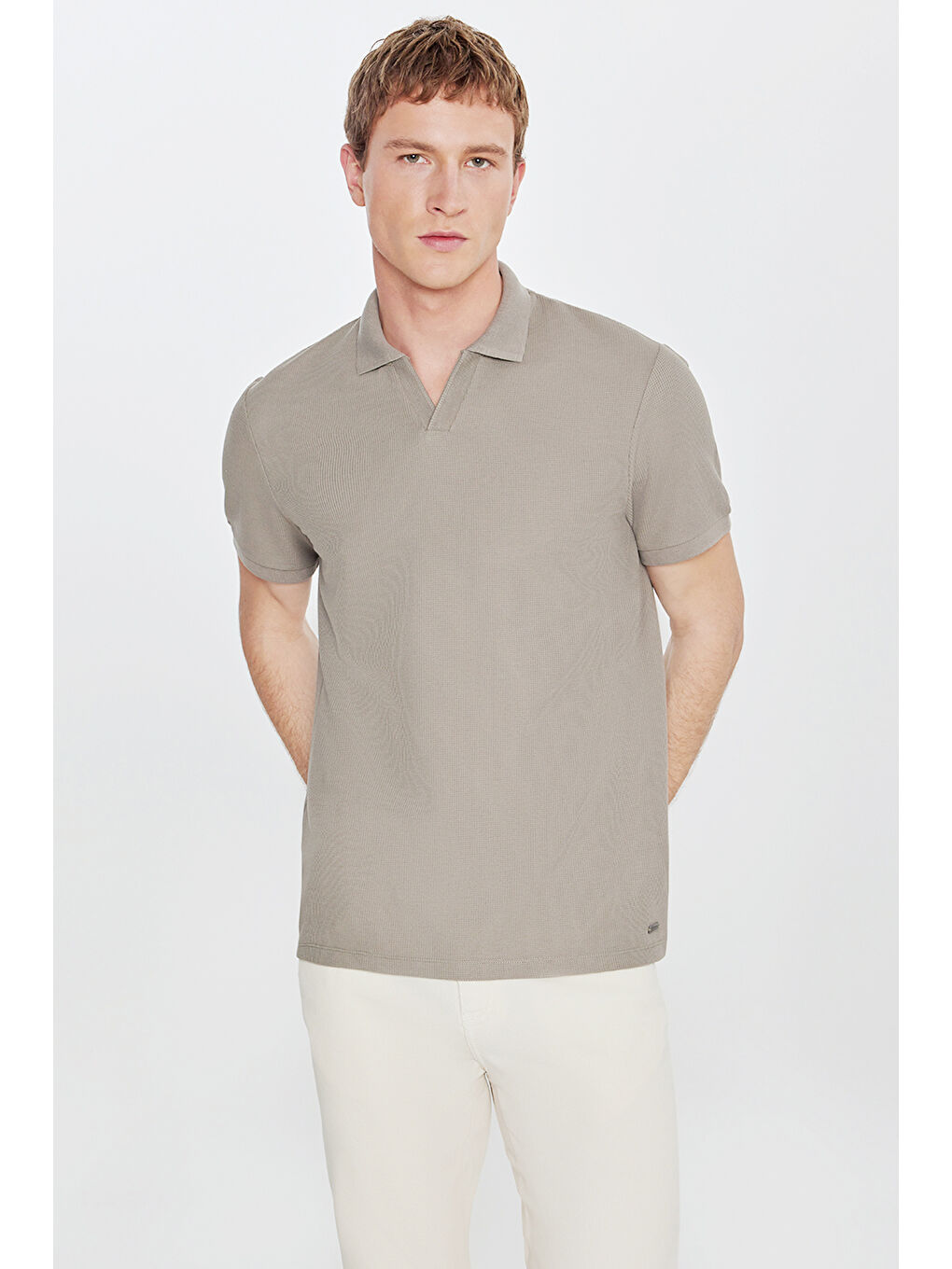 Erkek Haki Slim Fit Dar Kesim Polo Yaka Jakarlı Esnek Tişört