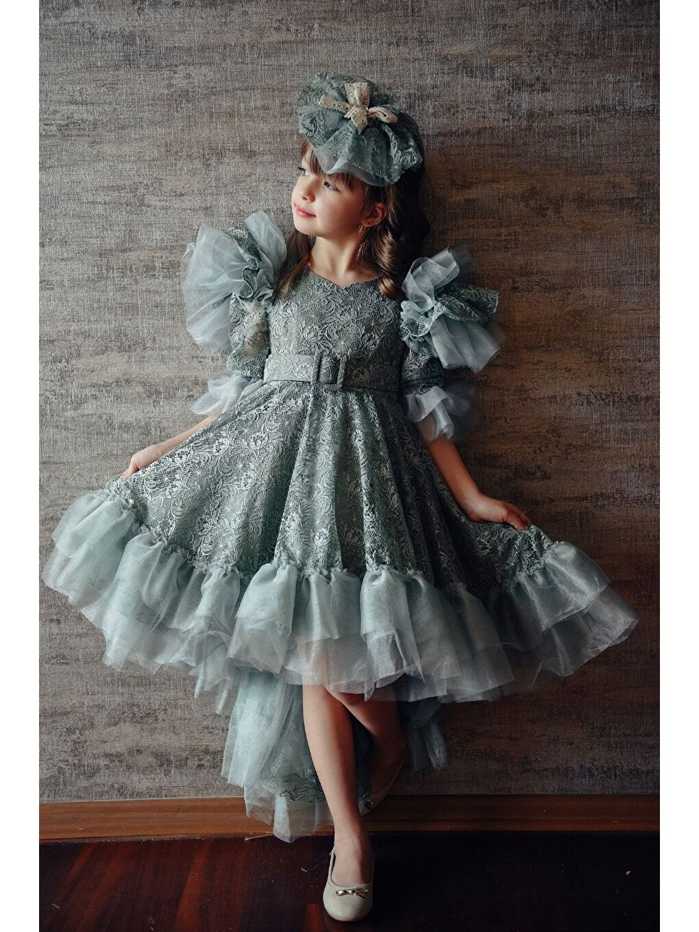 Mialora Yeşil Kız Çocuk Vintage Taç Aksesuarlı Abiye Elbise_M2362