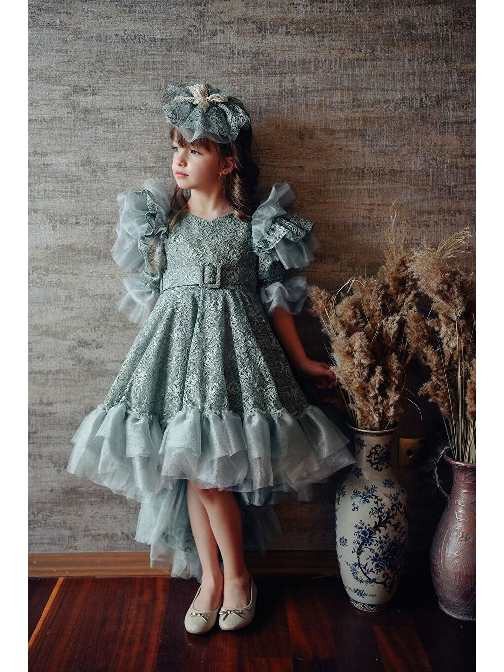 Mialora Yeşil Kız Çocuk Vintage Taç Aksesuarlı Abiye Elbise_M2362 - 2