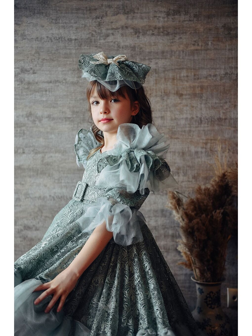 Mialora Yeşil Kız Çocuk Vintage Taç Aksesuarlı Abiye Elbise_M2362 - 3