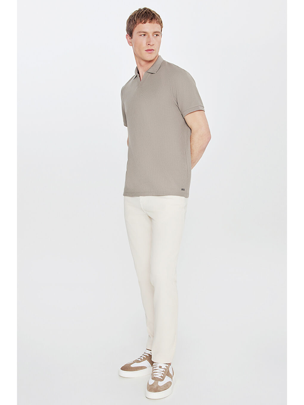 Erkek Haki Slim Fit Dar Kesim Polo Yaka Jakarlı Esnek Tişört-1