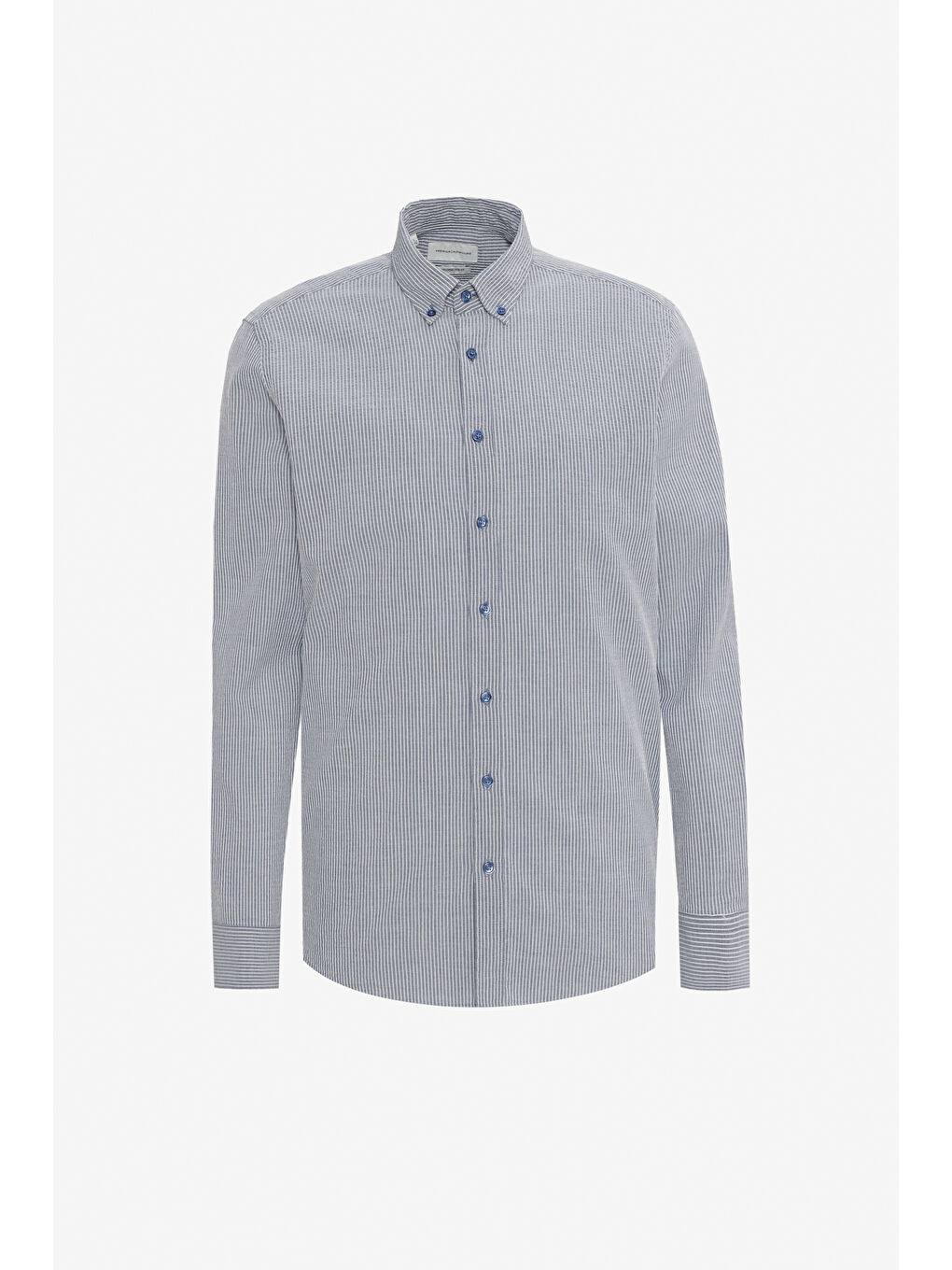 Erkek Lacivert-Beyaz %100 Pamuk Slim Fit Dar Kesim Düğmeli Yaka Çizgili Gömlek-5