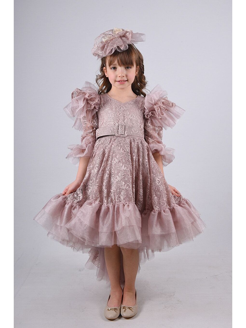 Pembe Kız Çocuk Vintage Taç Aksesuarlı Abiye Elbise_M2362