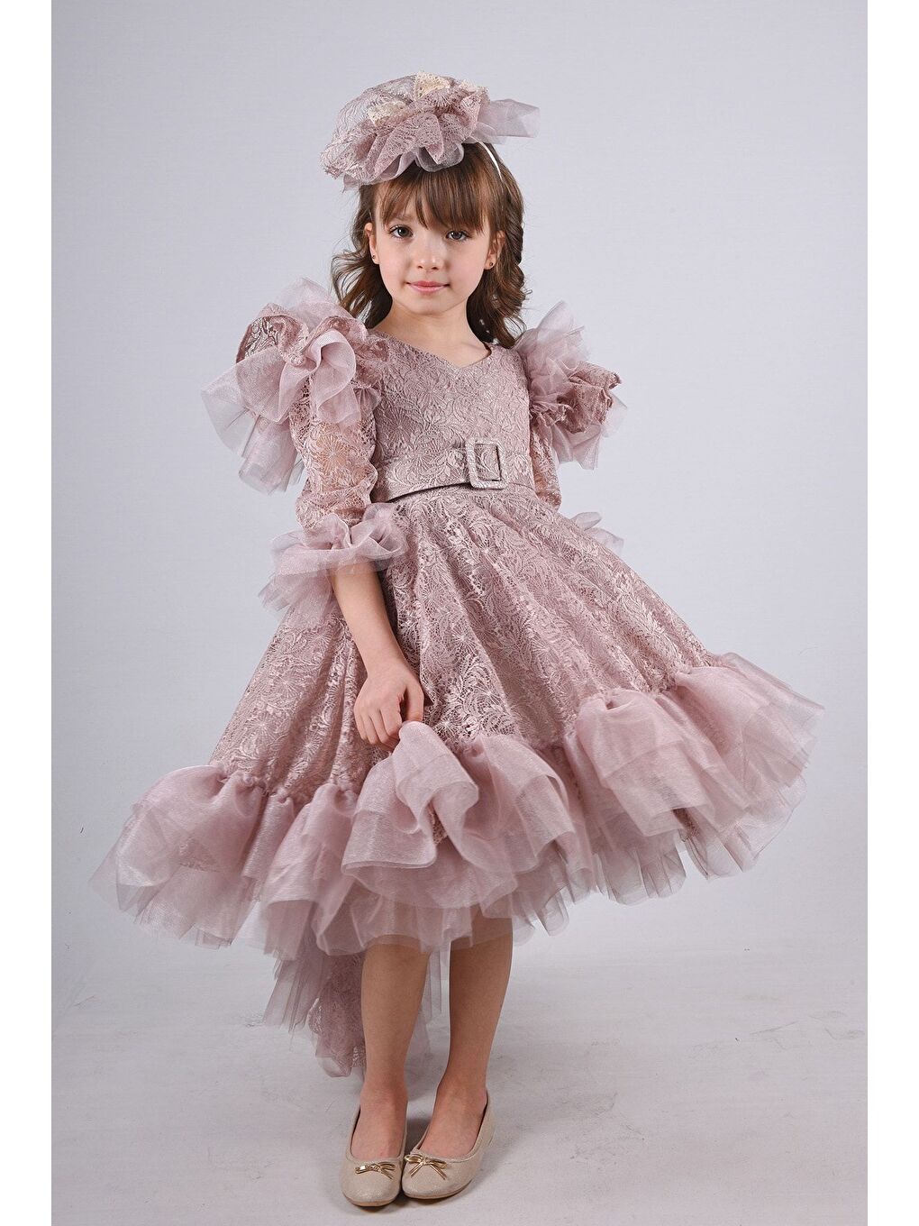 Pembe Kız Çocuk Vintage Taç Aksesuarlı Abiye Elbise_M2362-1