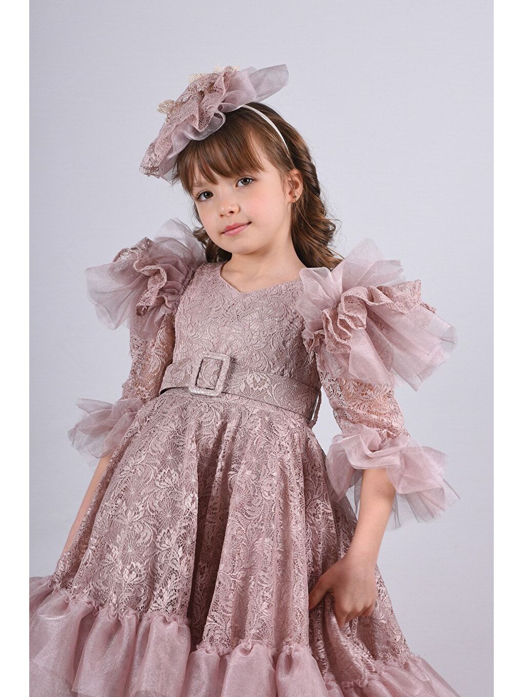 Pembe Kız Çocuk Vintage Taç Aksesuarlı Abiye Elbise_M2362-3