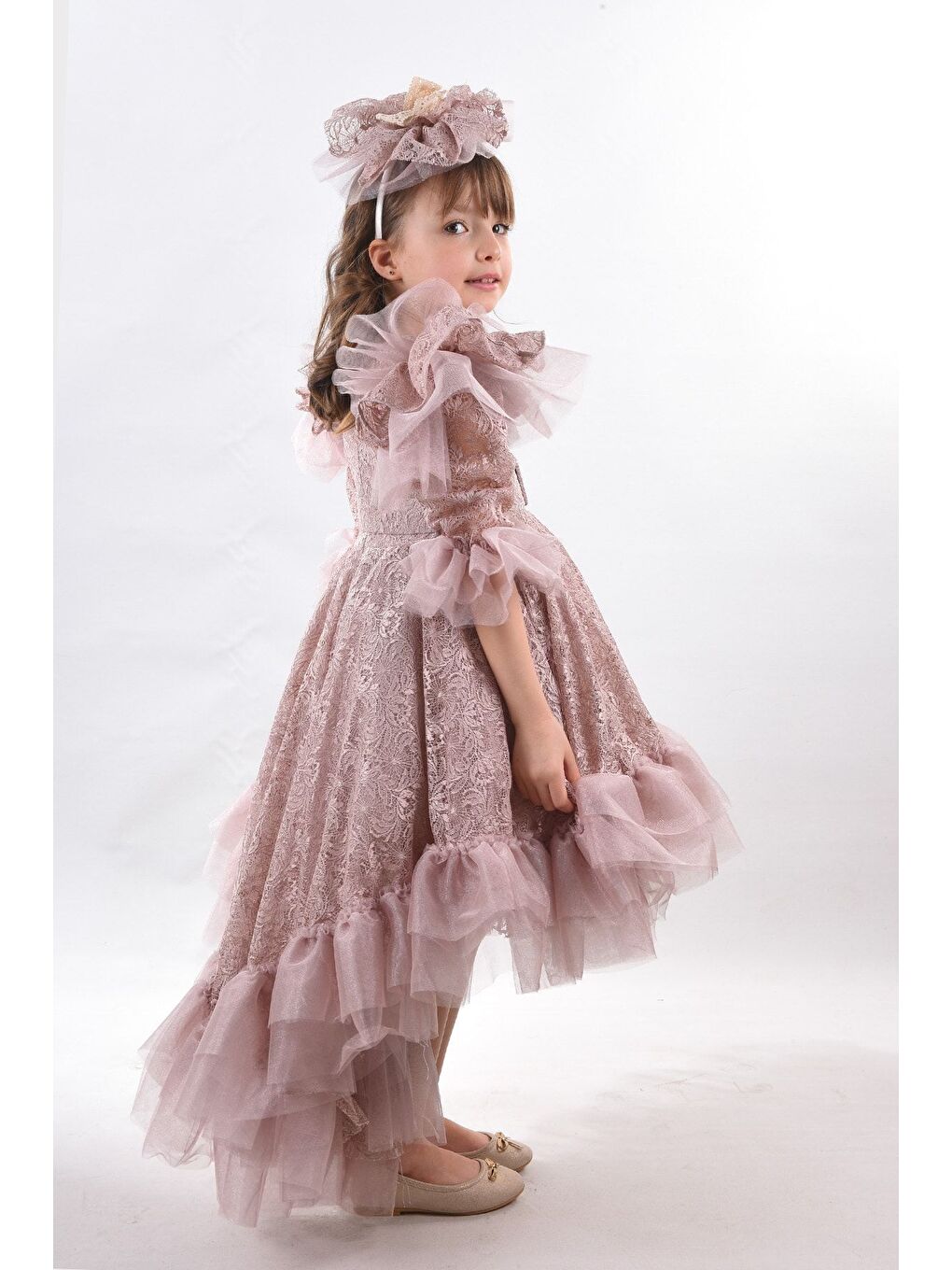Pembe Kız Çocuk Vintage Taç Aksesuarlı Abiye Elbise_M2362-4