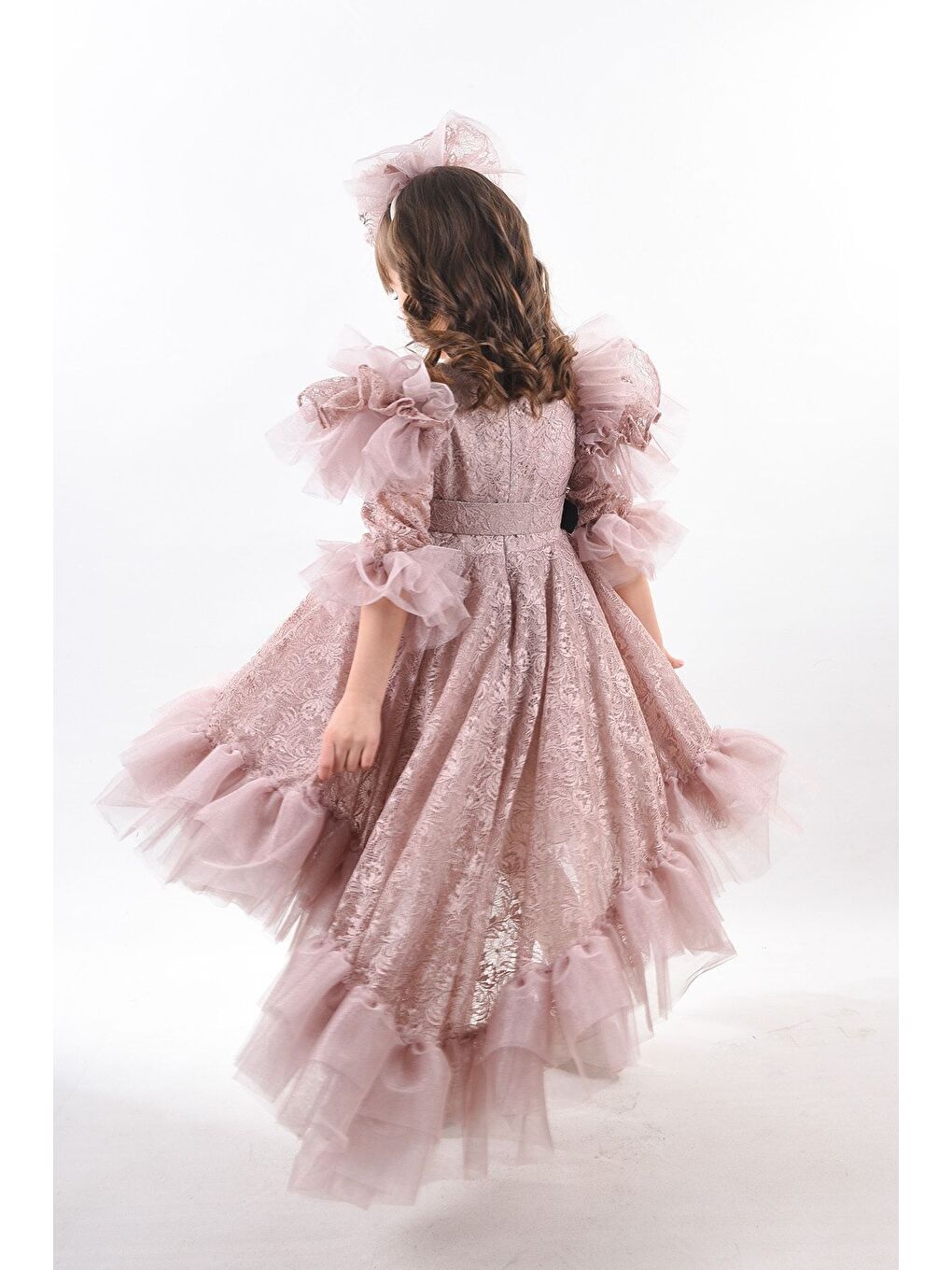 Pembe Kız Çocuk Vintage Taç Aksesuarlı Abiye Elbise_M2362-6