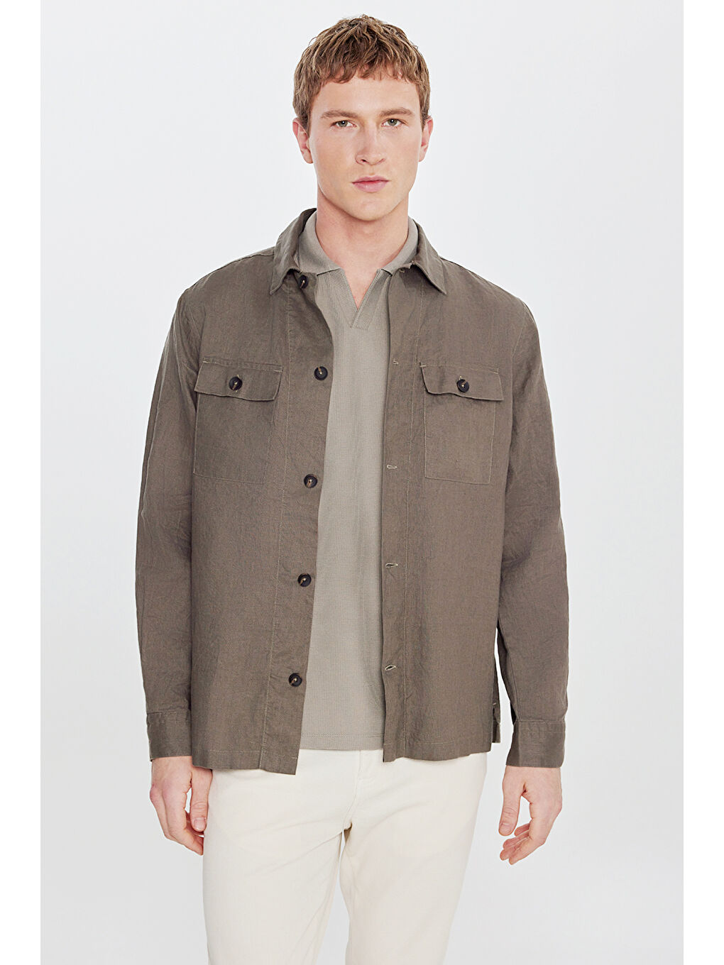 Erkek Haki Slim Fit Dar Kesim Polo Yaka Jakarlı Esnek Tişört-2