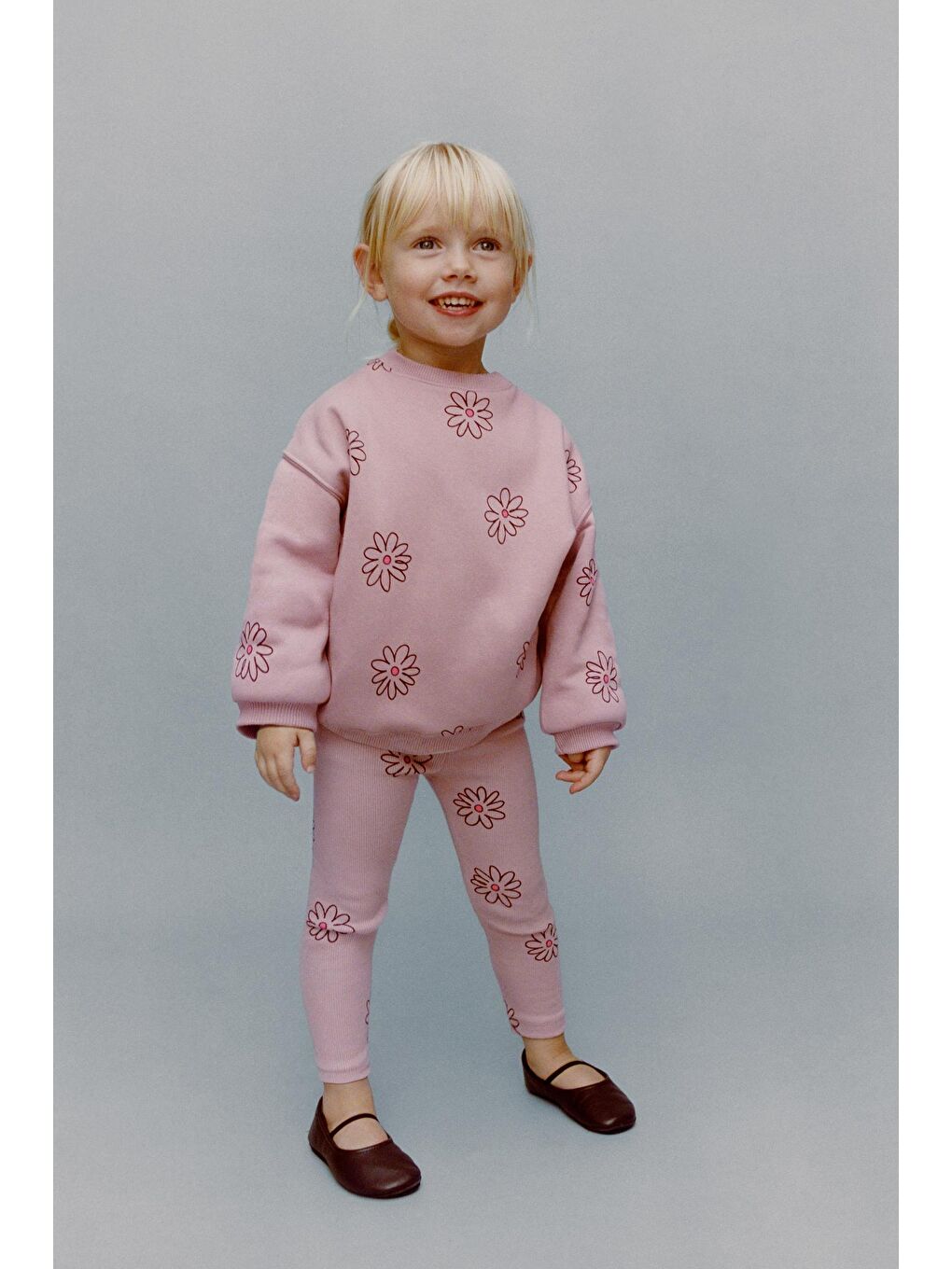Kız Çocuk Pamuklu Pembe Çiçek Baskılı Sweatshirt Tayt Takım