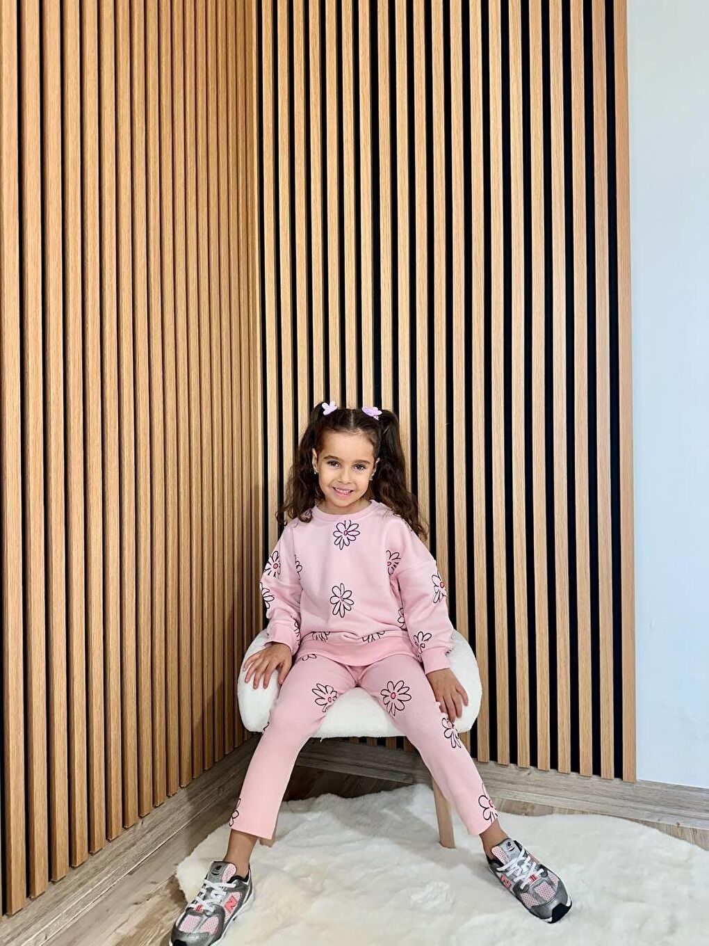 Kız Çocuk Pamuklu Pembe Çiçek Baskılı Sweatshirt Tayt Takım-1