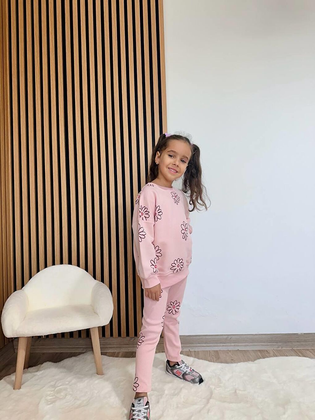 Kız Çocuk Pamuklu Pembe Çiçek Baskılı Sweatshirt Tayt Takım-2