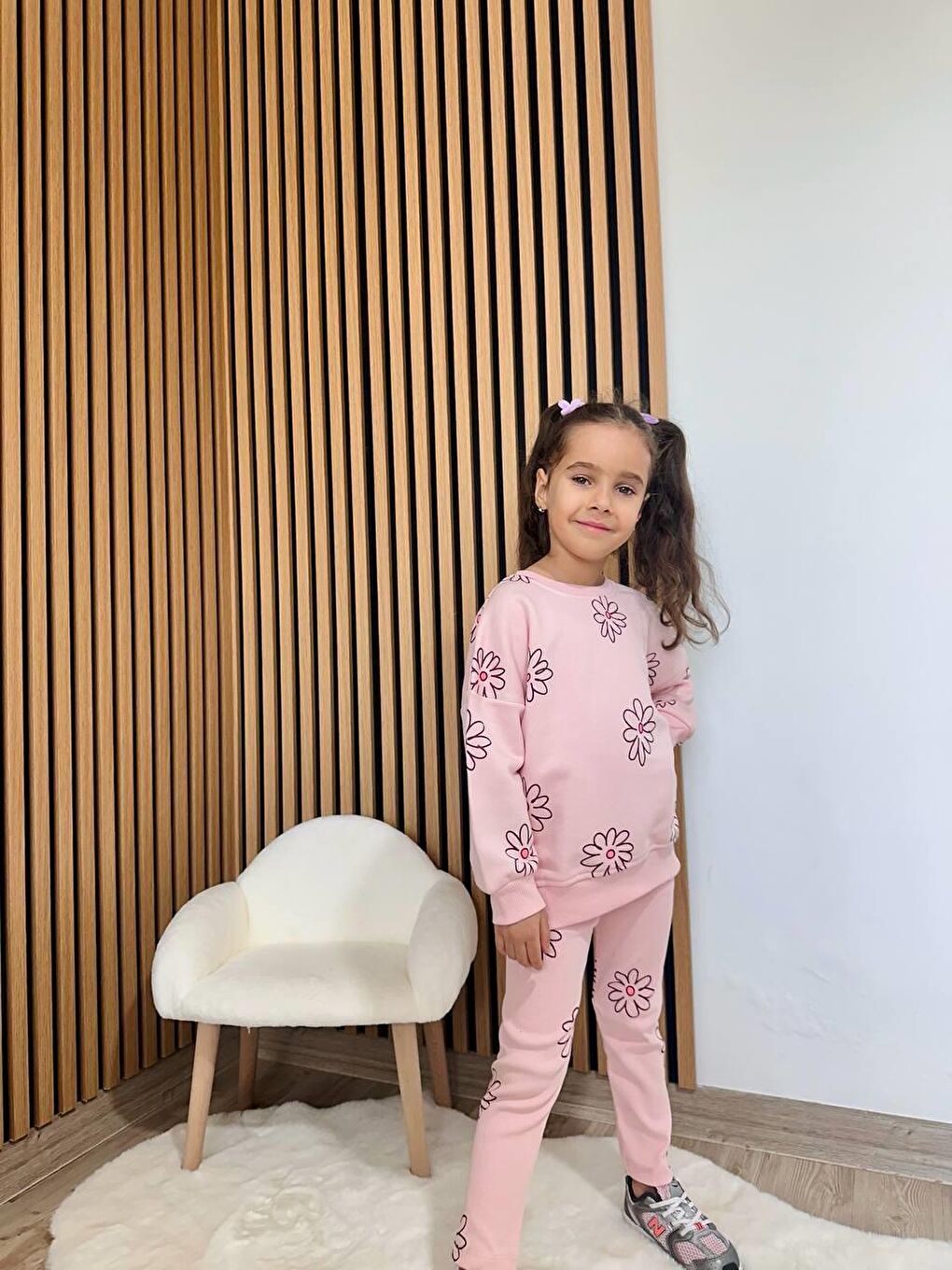 Kız Çocuk Pamuklu Pembe Çiçek Baskılı Sweatshirt Tayt Takım-4