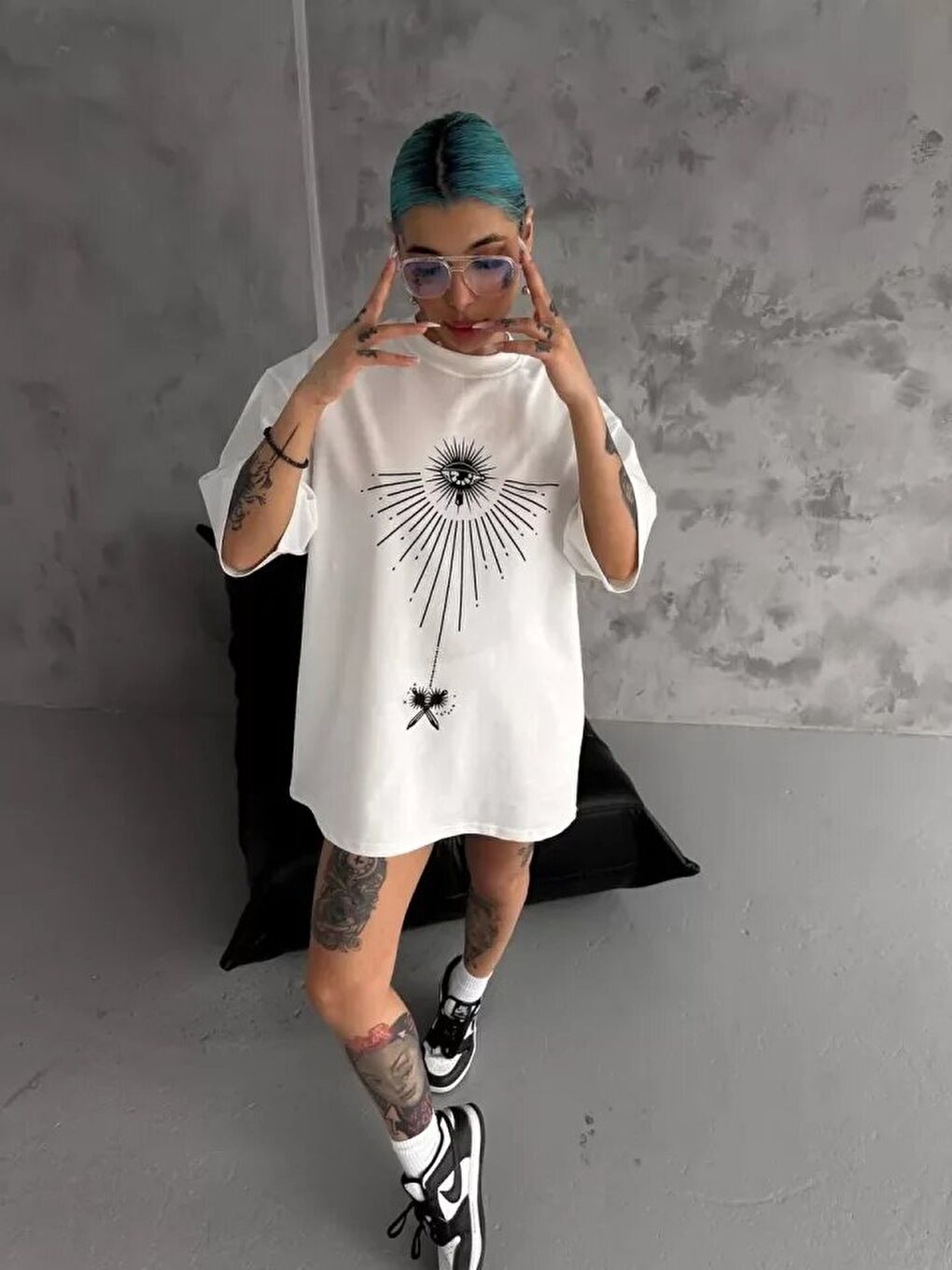 Unisex Bisiklet Yaka Baskılı Oversize T-Shirt - Beyaz-2