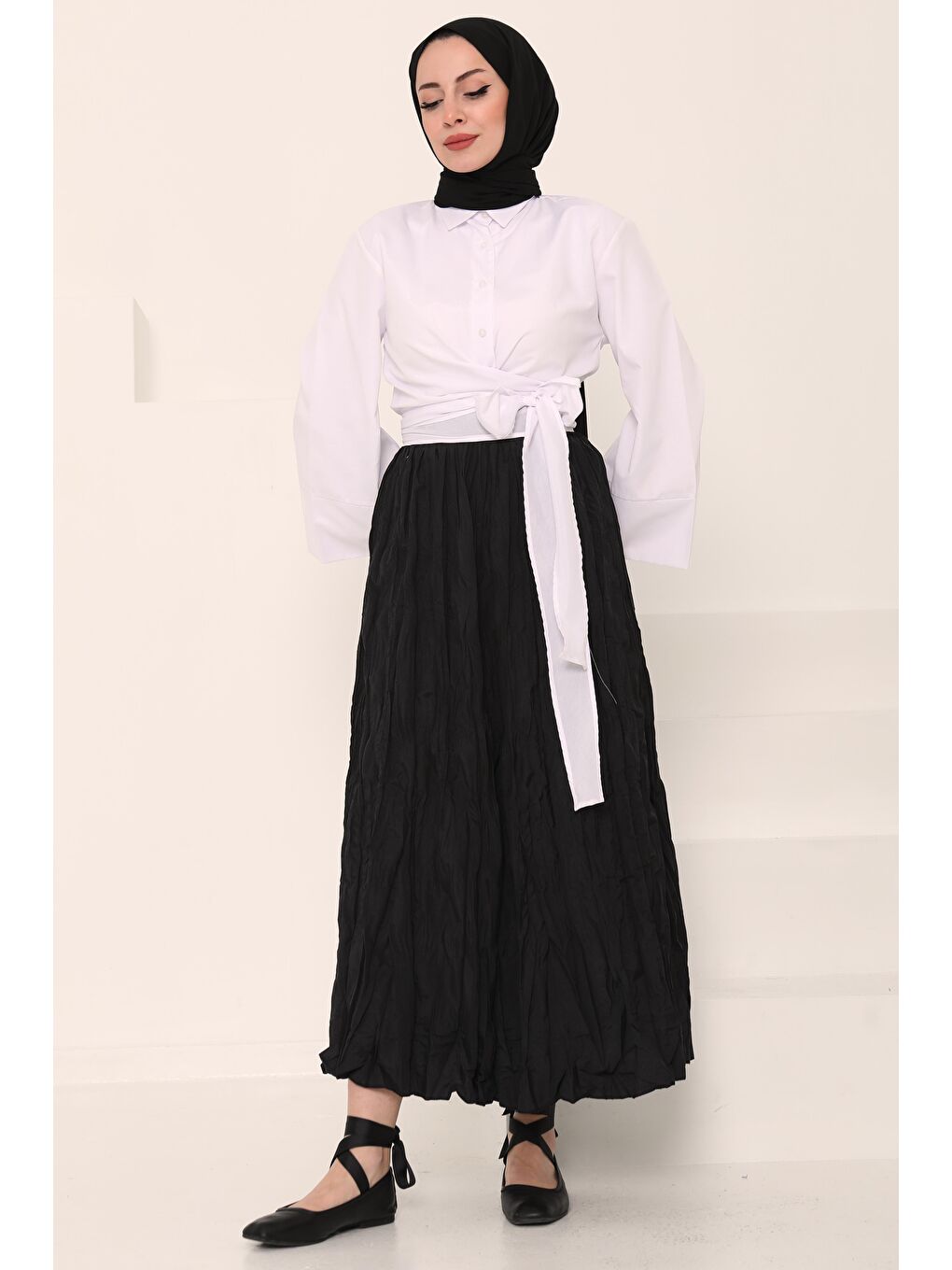 Beli Lastikli Kırışık Etek Siyah - 27013-1