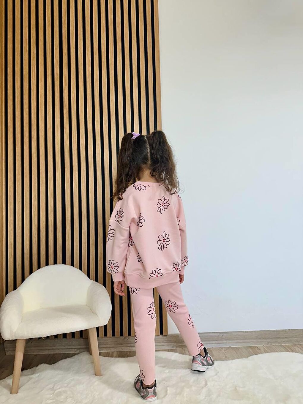 Kız Çocuk Pamuklu Pembe Çiçek Baskılı Sweatshirt Tayt Takım-5