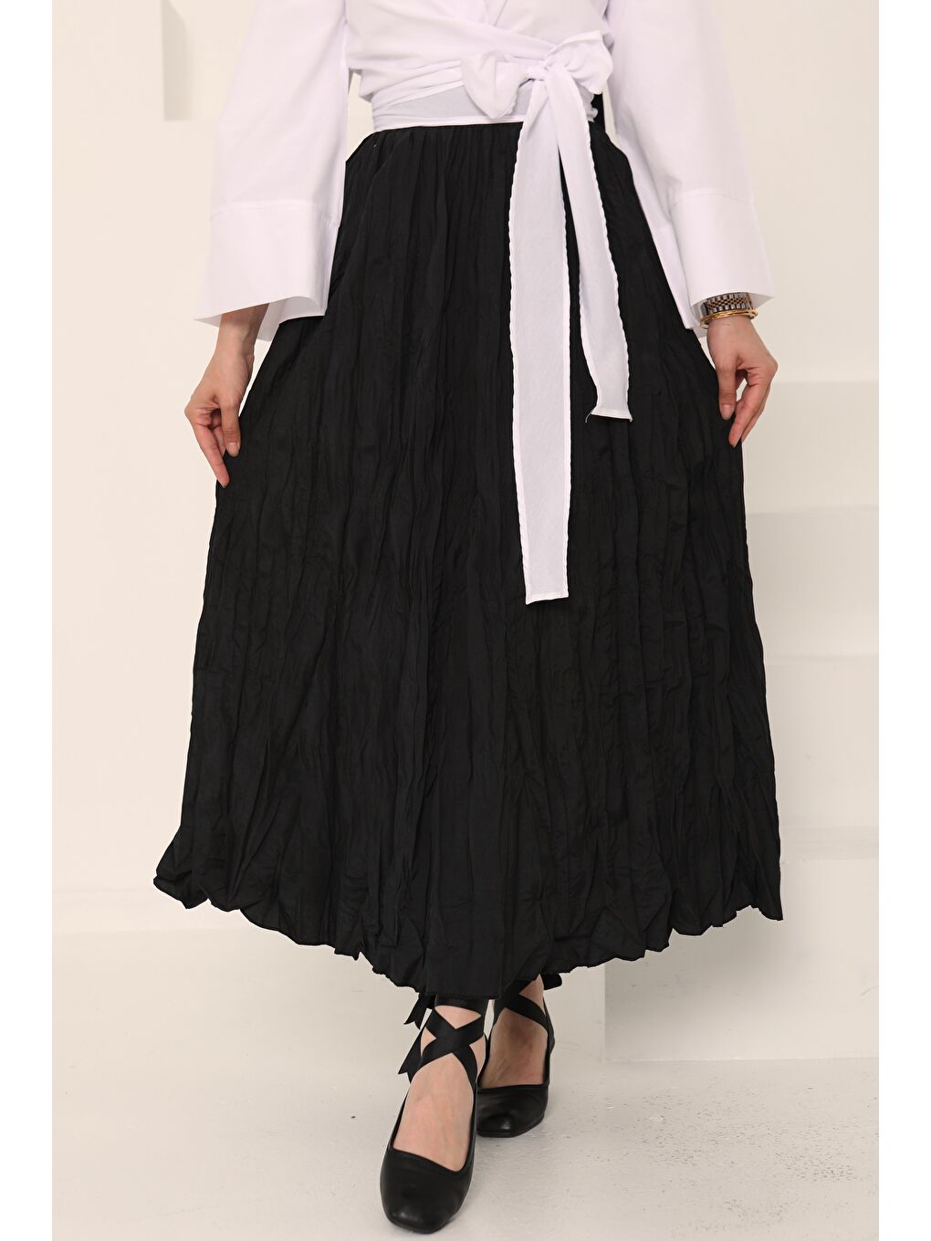 Beli Lastikli Kırışık Etek Siyah - 27013-2