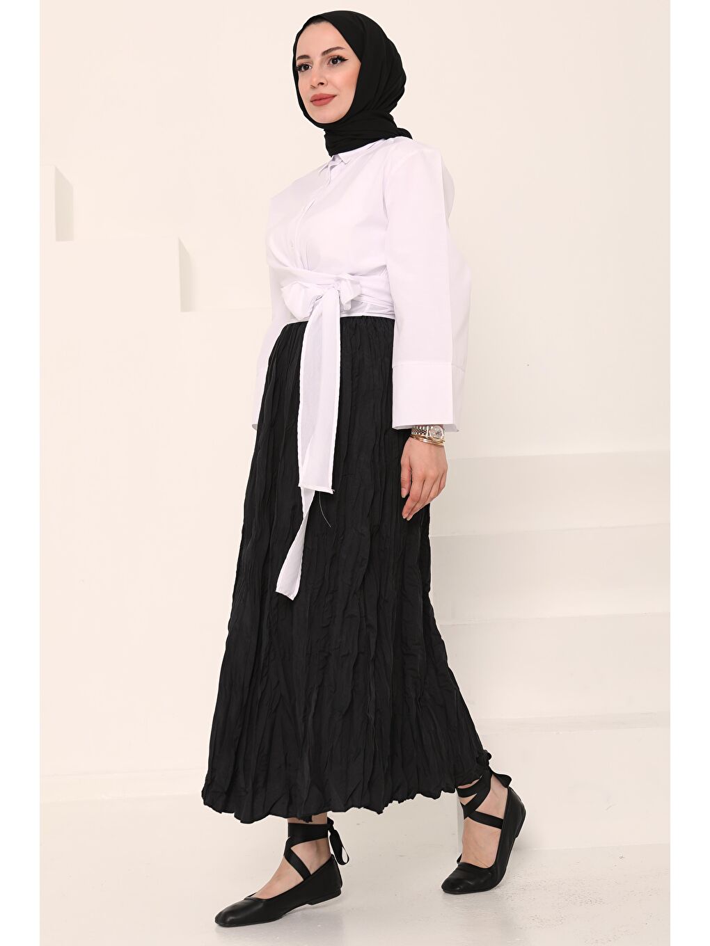 Beli Lastikli Kırışık Etek Siyah - 27013-3