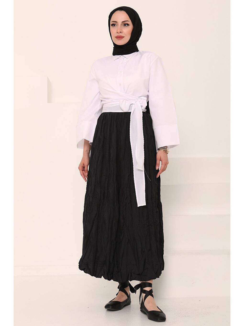 Beli Lastikli Kırışık Etek Siyah - 27013-4