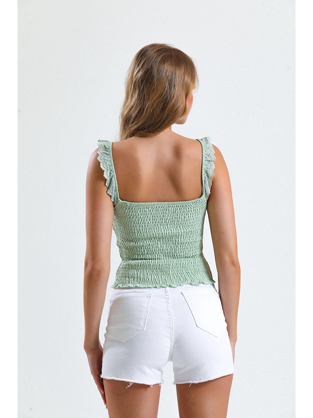 Haki İnce Askılı Kolları Fırfırlı Omzu Dantelli Likralı Crop Bluz-2